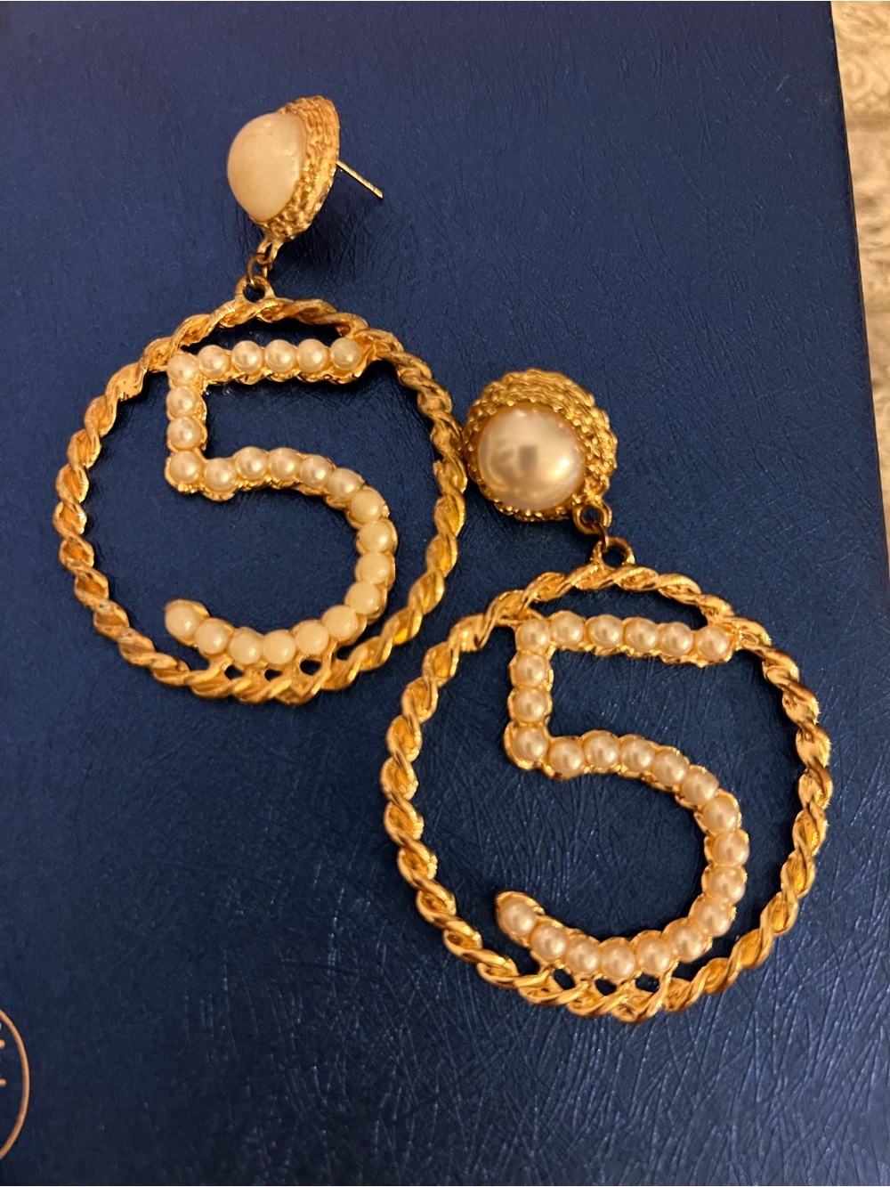 Pearl-Embellished Gold Tone '5' Hoop Drop Earrings - White Pearls